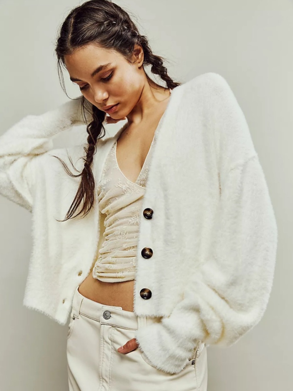 Free People So soft found my friend white fuzzy cardig